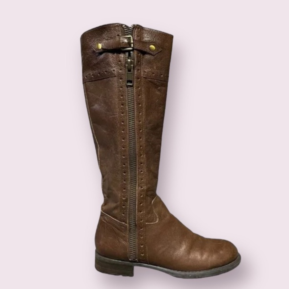 Franco Sarto Pacaya Brown Leather Patina Side Zip Tall Riding Boots